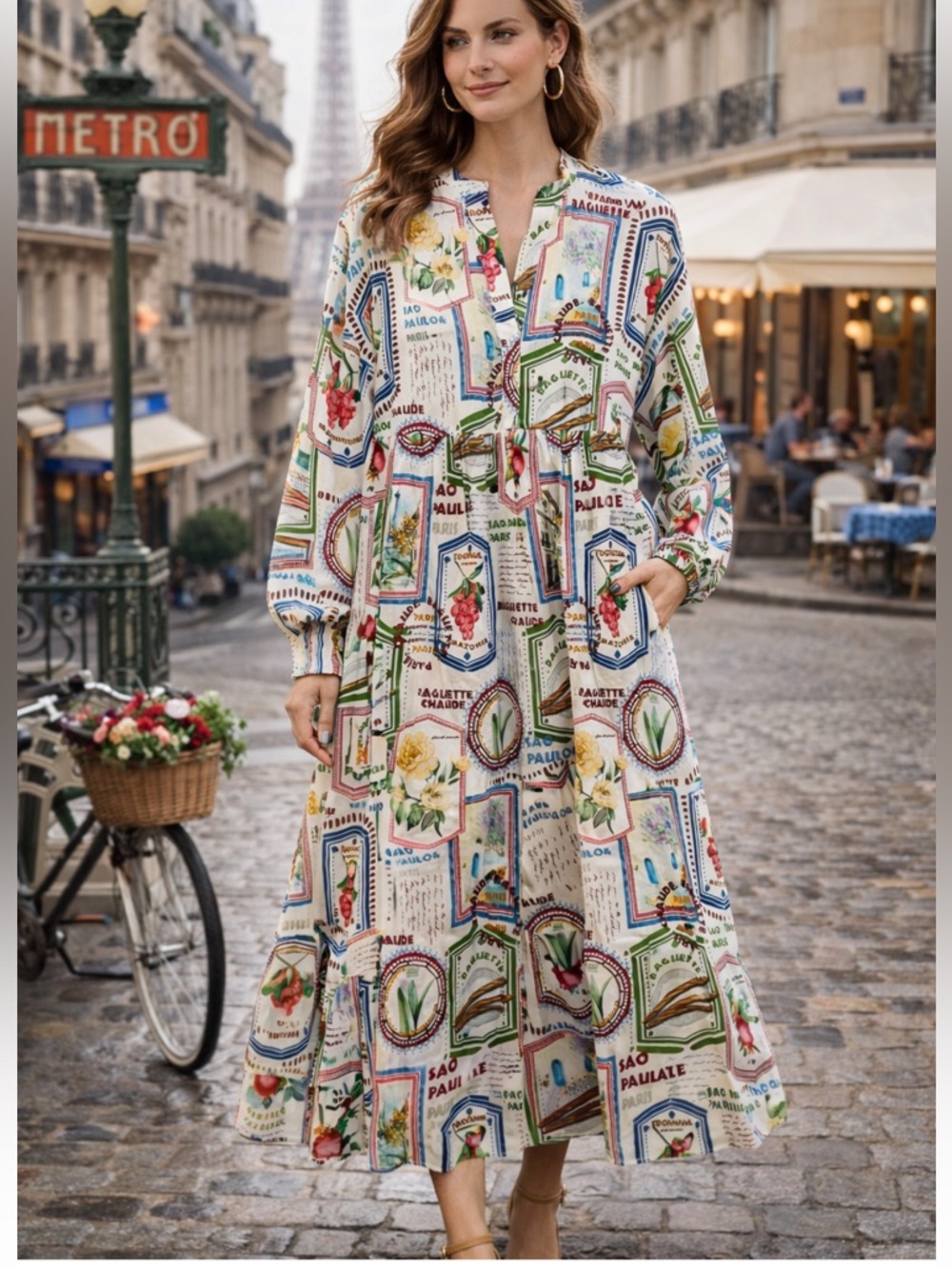 Maison d'amelie Parisian Boho Stamped-Print Long Sleeve Maxi Dress